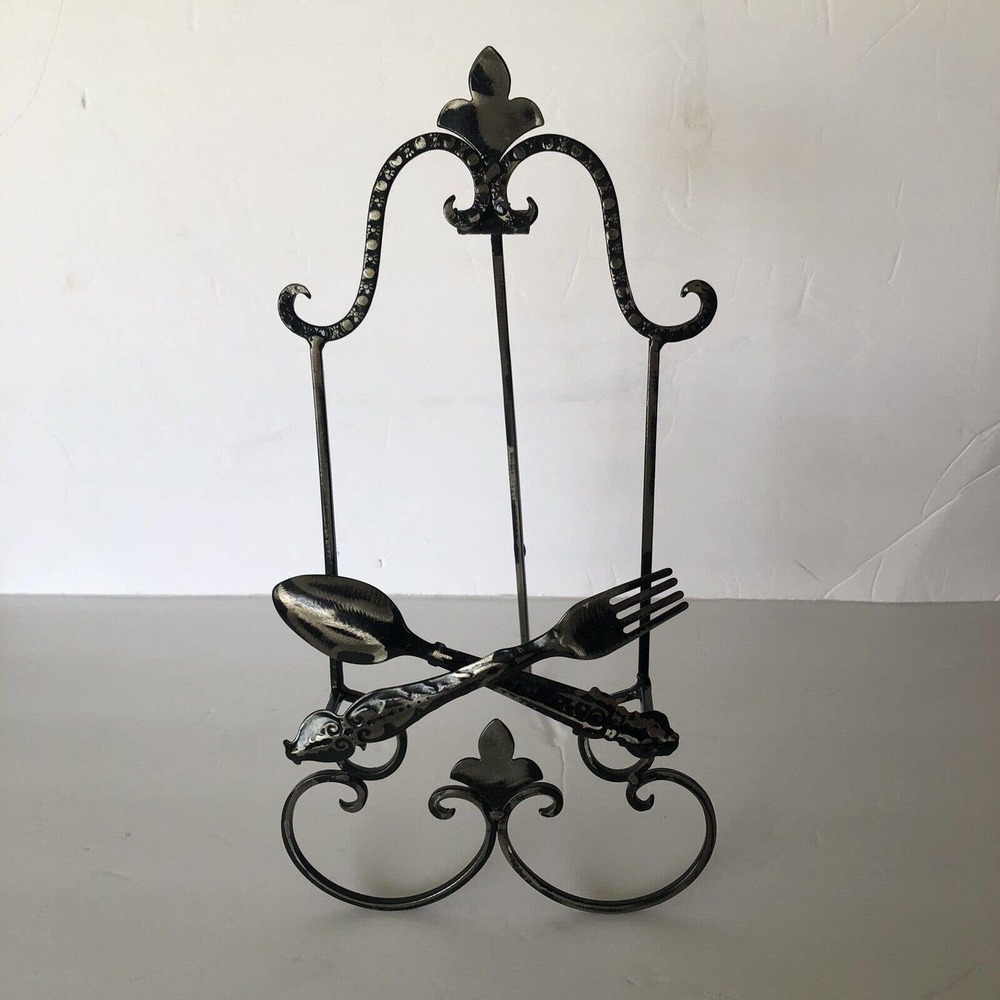 Fork & Spoon Cookbook Holder Black/Silver Distressed Decorative Tabletop Easel